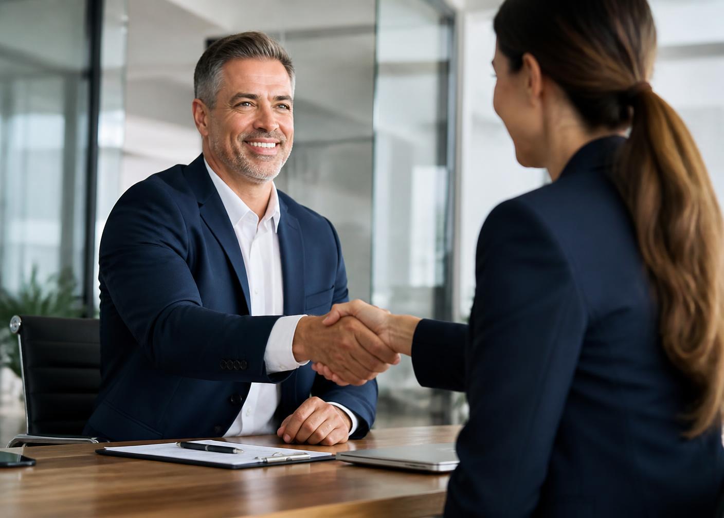 Recruiter and business owner shaking hands in an office